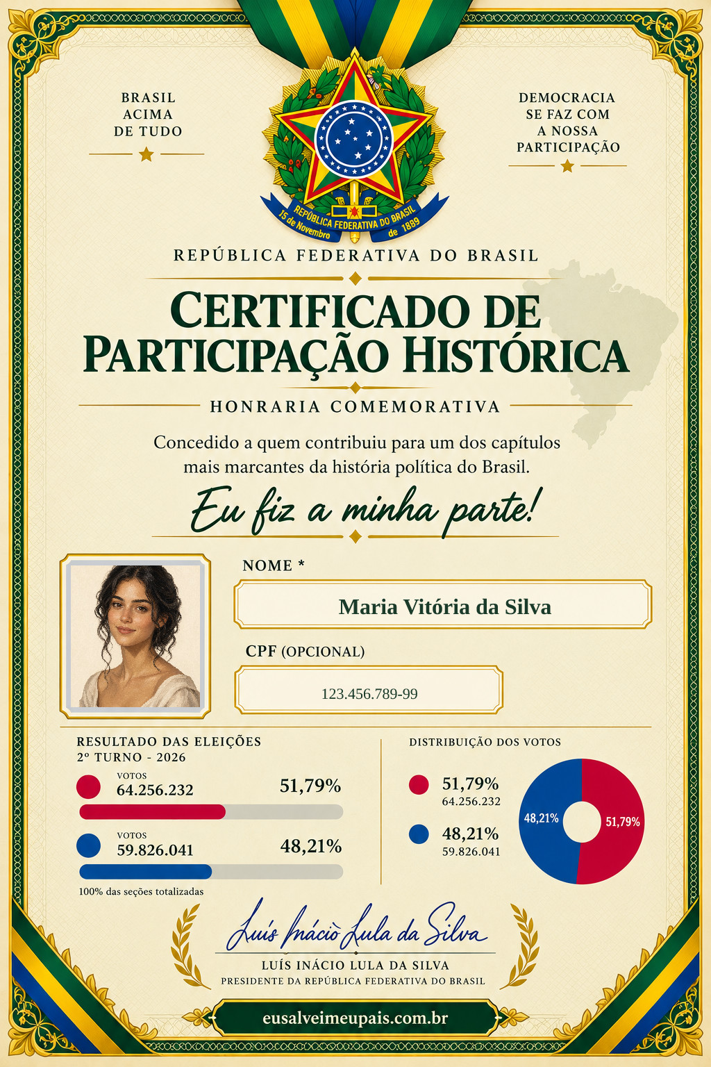 Amostra do certificado de Maria Vitória da Silva